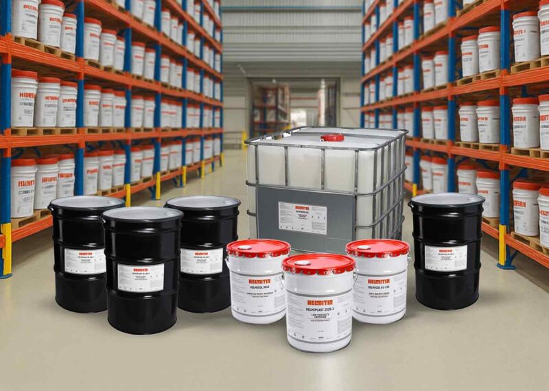 Product Lineup of Helmitin Products in a warehouse